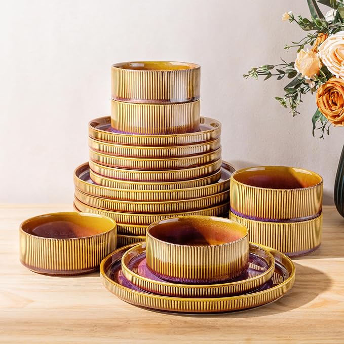 TheTerra Ceramic Dinnerware Sets for 6, 18 Pieces Porcelain Lightweight Plates and Bowls Sets, Scratch Resistant Dish Set, Oven & Microwave & Dishwasher Safe, Amber Amethyst
