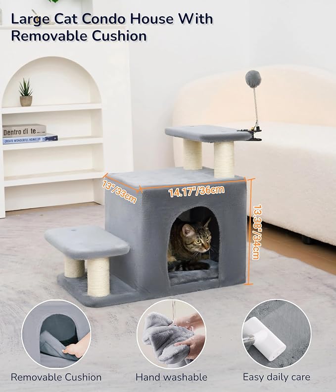 Happi N Pets Cat Stairs with Scratching Post & Large Condo, Stable Pet Steps for High Beds Couch, 3 Combinations Cat Ramp Tree Tower for Cats or Small Dogs, Removable Cushion & Bonus Toy, Gray
