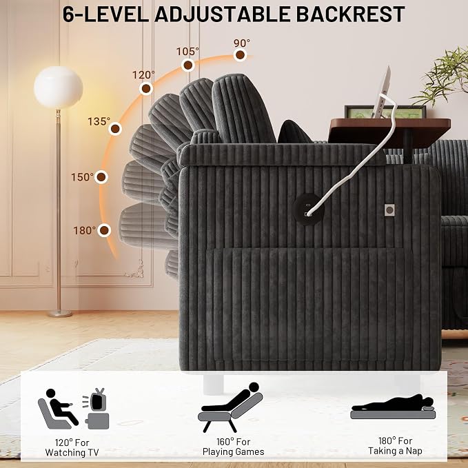 L-Shaped Sectional Sleeper Sofa with Pull Out Bed, Dark Grey | Plush Corduroy, Reclining Backrest, Storage Chaise, Usb Ports, Cup Holders & Table – Modular Cloud Couch for Living Room