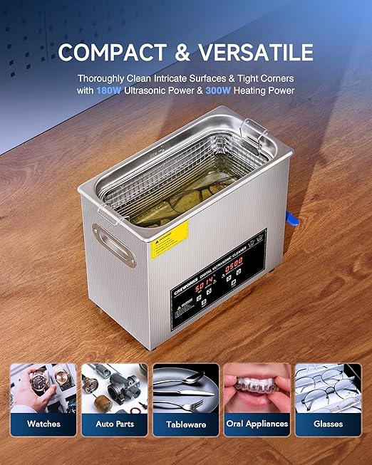 CREWORKS Ultrasound Cleaner with Heater and Timer, 1.6 gal Digital Sonic Cleaning Machine, 180W 6L Stainless Steel Jewelry Cleaner for Professional Tool Glasses Watch Retainer Denture Parts Cleaning