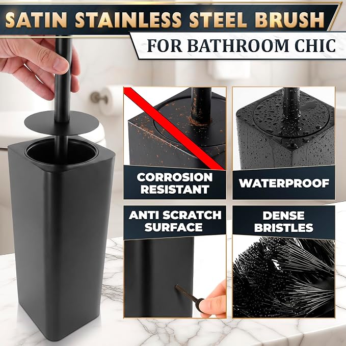 Black Toilet Brush and Holder Set - Slim Matte Design that Fits Anywhere - Stainless Steel Toilet Bowl Brush and Holder with 2 Rounded Corners, Replaceable Head, Removable Inner Bowl & Splash Guard