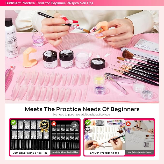 Glamonade Acrylic Nail Kit for Beginners: Professional Nail Set with Drill Acrylic Powder Gel Polish Nail Stamp for Home Starter Practice & DIY Manicure