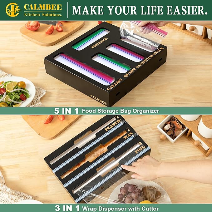 Calmbee 9 in 1 Bamboo Storage Bag Organizer for Kitchen Drawer – Plastic Wrap Dispenser with Cutter & Foil Organizer, Wooden Baggie Organizer for Sandwich, Snack, Gallon, Quart Sizes, Black