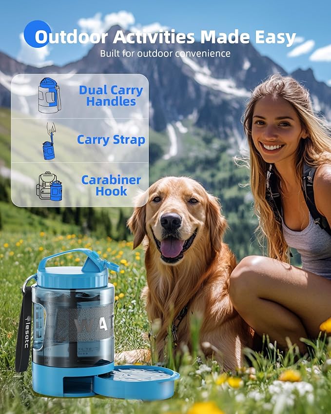 lesotc Portable Dog Water Bowl Dispenser - 77oz Travel Water Bottle with Pop-Out Drinking Bowl, No-Spill Design for Camping, Hiking & Car Rides - Keep Your Dog Hydrated Anywhere, Blue