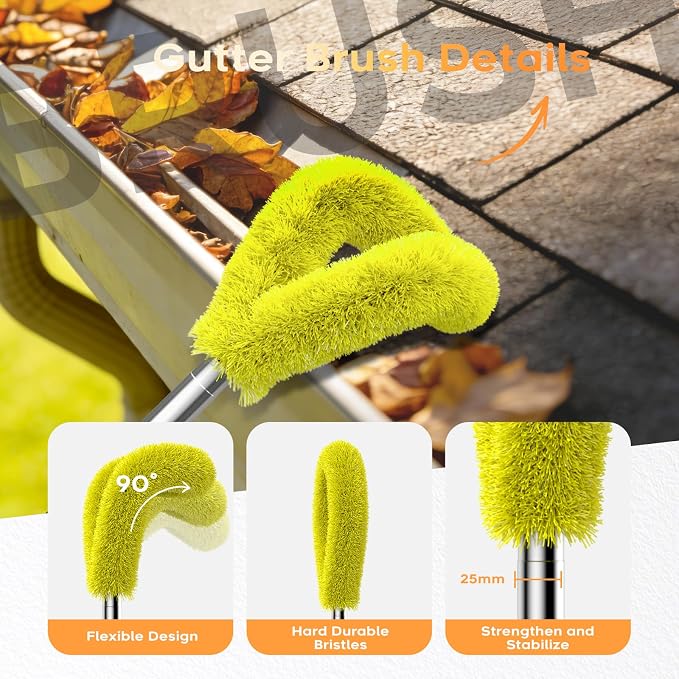 13ft Gutter Cleaning Tools from The Ground, 3-in-1 Gutter Cleaner with Replaceable Brush Rake Scoop, 180° Adjustable Rotating Stainless Steel Pole for Leaves & Debris Removal, Yellow