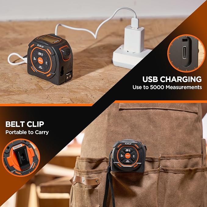 Laser Tape Measure 2-in-1, 197Ft Laser & 16Ft Digital Tape Measure | LCD Display, Pythagorean Mode, Area/Volume Calculation, USB-C Rechargeable, For Woodworking and Construction