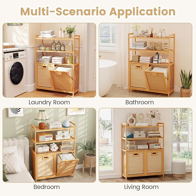 Giantex Double Tilt Out Laundry Hamper with 3-Tier Storage Shelf | 14 Gal Bamboo Laundry Storage Cabinet w/Removable Laundry Baskets, Laundry Sorter Organizer for Bathroom Living Room Bedroom