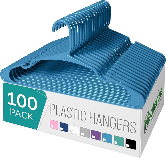 NEATERIZE Clothes Hangers Plastic 100 Pack for Adults - Plastic Hangers, The Perfect Coat Hanger and Space Saving Clothes Hangers for Closet - Blue Hangers