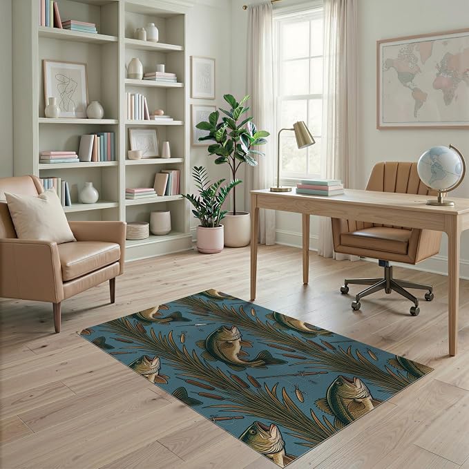 4'x6' Washable Area Rug Bass Lake Lure Tackle Reeds Border Motif Angler Fish Fishing Refined Structured Stain Resistant Low Profile for Dorm Room, Small Living Apartment