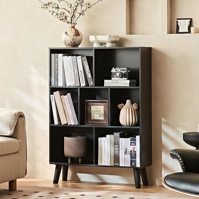 LEYAOYAO Cube Bookshelf, Mid-Century Modern Book Shelf with Legs, Black | 3 Tier Bookcase, Rustic Wood Bookshelves Freestanding Small Storage Organizer, Open Shelves for Bedroom, Living Room, Office