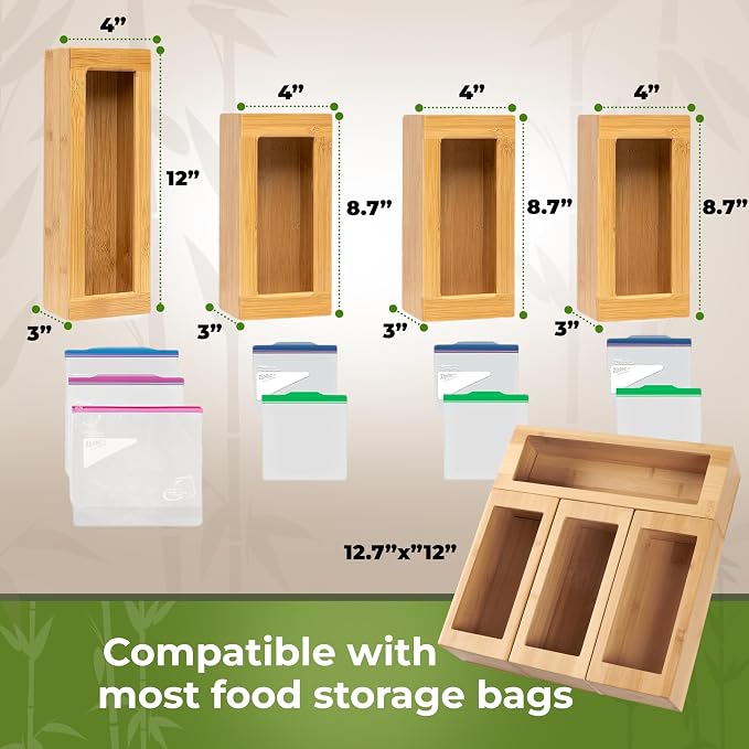 Storage Bag Organizer, Bamboo Baggie Organizer for Drawer, 4 Modular Blocks for Kitchen Organization, Plastic Bag Storage Organizer, Quick Refill - Fits Gallon, Quart, Sandwich, Snack Size Bags