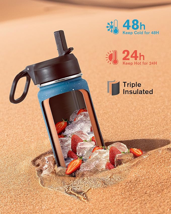 Coolflask Water Bottle 24 oz Insulated with Straw, Stainless Steel Metal 3 Lids Water Flask Wide Mouth for Sports or Office, Non-BPA Keep Cold Up to 48 Hrs or Hot Up to 24 Hrs, Turquoise