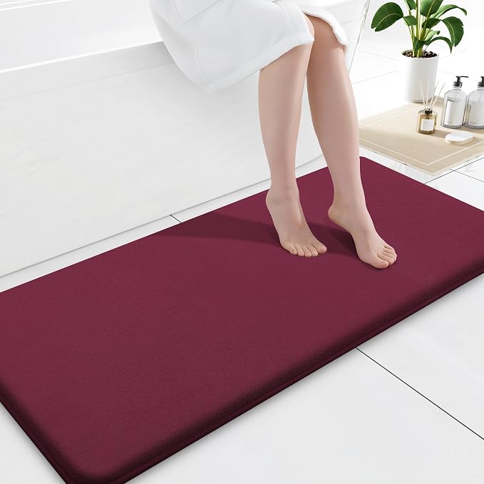 Smiry Memory Foam Bath Mat 59x20, Extra Soft and Absorbent Bathroom Mats, Non Slip Washable Carpet for Floor, Shower and Tub, Burgundy