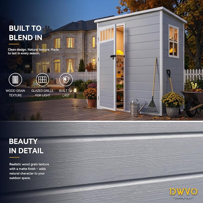 DWVO 5x3FT Outdoor Storage Shed with Fence-Style and Side Windows, Floor & Lockable Doors, Resin Storage Shed for Backyard and Garden, Gray