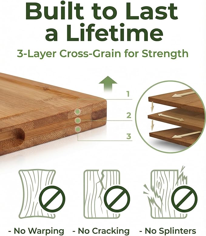 CARTMAN 3-Piece Bamboo Cutting Boards for Kitchen with Stand & Holder | Includes 3 sizes & dual-purpose stand for charcuterie, 100% non-toxic bamboo, deep juice groove, warp-proof 3-layer