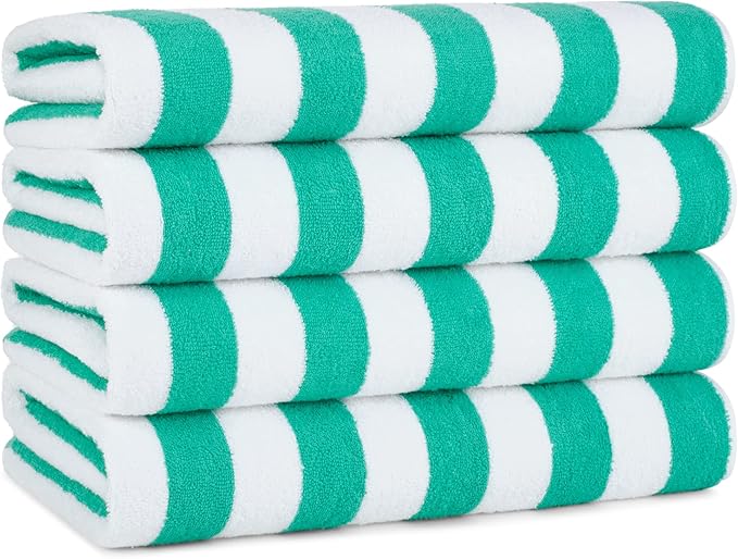 Arkwright California Cabana Stripe Beach Towel - Pack of 4, Large Soft Quick Dry 100% Cotton Terry Towels Set for Pool, Swim, and Hot Tub, Oversized 30 x 70 in, Green