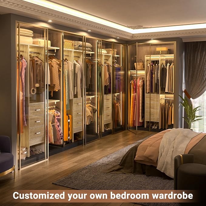 Besiost 4FT Small Closet System with 3 Fabric Drawers, 48'' Closet Organizer System With 3 Adjustable Shelves, Flexible Built-In Clothes Garment Rack for Small Space, 48"L x 13"W x 71"H, White Oak