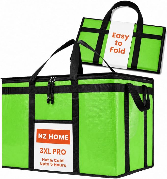 PRO Large Insulated Food Delivery Bag (3XL, Green, 1 Pack) | Thermal bag, For cold & hot food, Water-resistant, Portable cooler, Soft sided catering tote, Grocery bag with zippered top