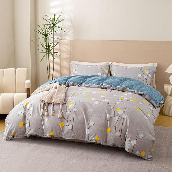 OAITE Duvet Cover Set,100% Cotton Comforter Cover with Branch Pattern Duvet Cover Set,Soft Bedding Set Includes with 3 Piece (2 Pillow Shams,1 Duvet Cover)