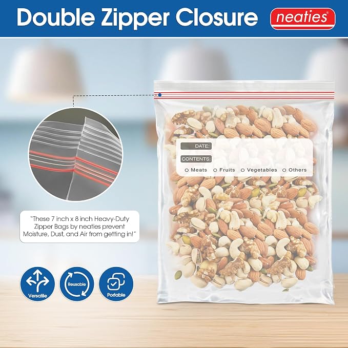 1 Quart Resealable Bags – Medium Sized Heavy Duty Freezer Bags with Dual Zipper – 7x8" with Writable Space for Kitchen or Home Storage – BPA-Free Food Grade Plastic – 300 Pack