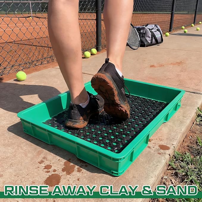 Cinnvoice Tennis Court Shoe Cleaning Tray with Brush Mat, Clay & Sand Removal for Courts, Sports Facilities, Entryway Boot Cleaner, 24 x 16.5 x 3.7 Inches