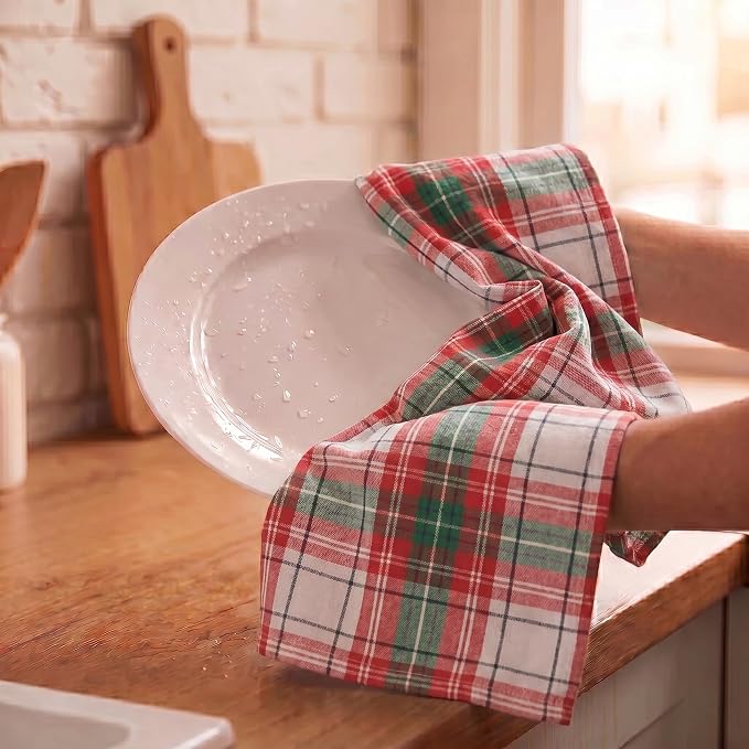Urban Villa Christmas Kitchen Towels 100% Cotton Dish Towels for Kitchen (Set of 6) 20”x30” Dish Cloths Absorbent Kitchen Linen Set with Hanging Loop Perfect for Drying Dishes Cleaning – Christ Check
