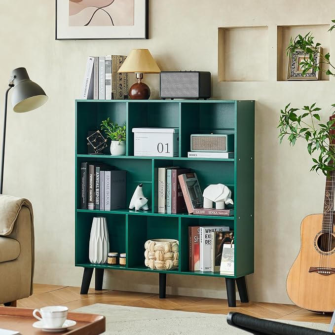LEYAOYAO 8 Cube Bookshelf,Mid-Century Modern Bookcase with Legs,Dark Green | 3 Tier Book Shelf,Rustic Wood Bookshelves Freestanding Large Storage Organizer, Open Shelves for Bedroom, Living Room, Office