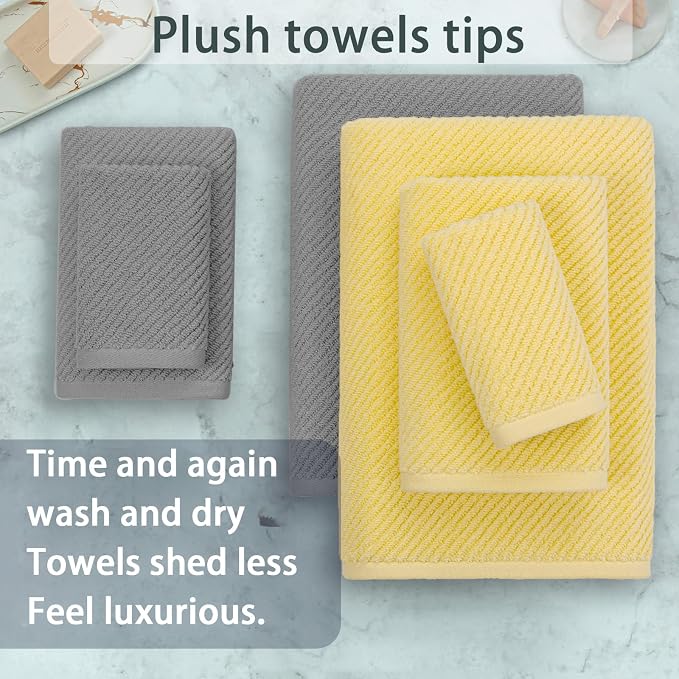 VOOVA & MOVAS 6PC Towel Set, 100% Cotton, Grey Yellow | 2 Large Bath 30x56 In, 2 Hand 18x28 In, 2 Washcloths 13x13 In, Soft, Quick Dry, Thick, Bath Towels With Hanging Loop
