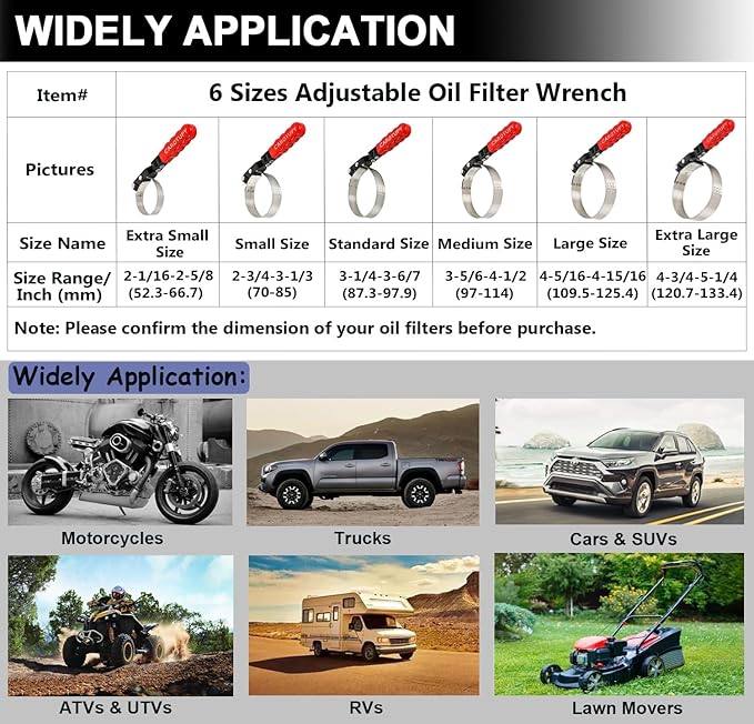 Standard Oil Filter Wrench, Oil Filter Wrench Tool Fits Filter from 3-1/4" to 3-6/7" for Cars, Motorcycles and SUV