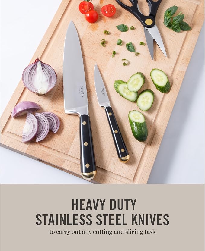 Martha Stewart 16-Piece Lockton High Carbon Stainless Steel Knife Block Set - Forged Full Tang Chef Knives, Acacia Wood Block, Triple Riveted Handles, Black & Gold