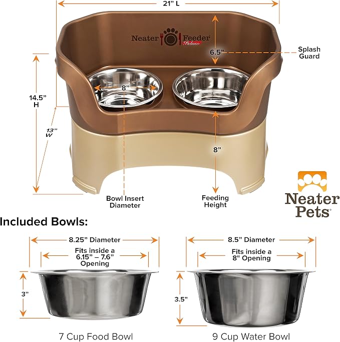 Neater Pet Brands Neater Feeder Deluxe Mess Proof Dog Bowls Elevated for Large Dogs Over 40 lbs, Made in USA, No Spill Raised Dog Food Bowl Stand Feeding Station, Food and Water Bowl Set, Bronze