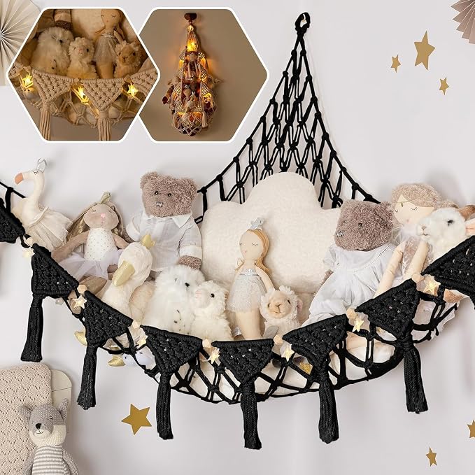 TIDYTEDS Macrame DreamLights Boho Stuffed Animal Storage Net Hammock Extra Large Plush Toy Storage Holder For Small Or Large Plushies BLACK