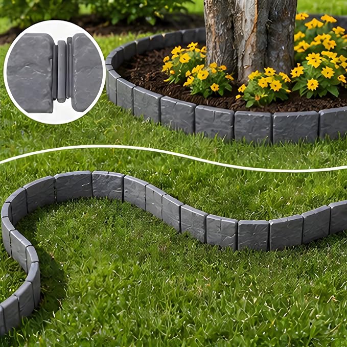 Imitation Stone Garden Fence No Dig Landscape Edging Faux Stone Garden Border Plastic Pound in Edging for Landscaping Flower Beds Yard Decorative Artificial Rock Edgers Bricks (10, Grey)