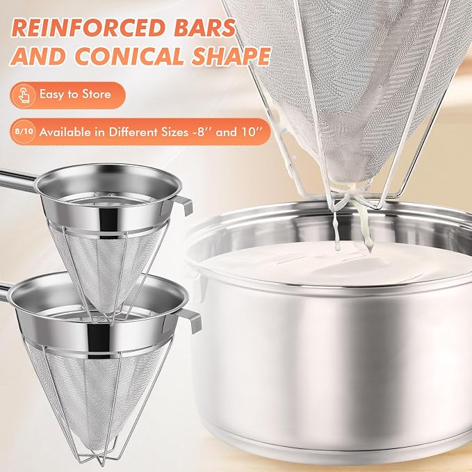 Nuogo 2 Set Stainless Steel Chinois Strainer Fine Mesh Metal Food Bouillon Sieve Strainer Cone Fine Mesh Strainer with Handle and Silicone Spatula for Sauce Jam Jelly Tea(10 Inch+8 Inch)
