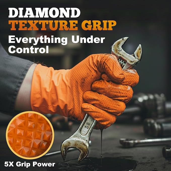 TitanFlex Heavy Duty Industrial Orange Nitrile Gloves, 8-mil, Gloves Disposable Latex Free with Raised Diamond Texture Grip, Powder Free, Rubber Glove, Mechanic Gloves,1000-ct Case (Medium)