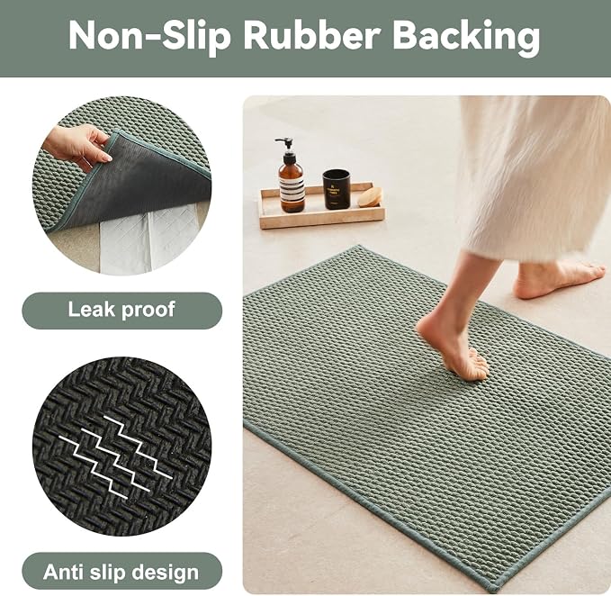 Triohero Toilet Rug, Thin Toilet Rugs U Shaped Washable Non Slip Absorbent Quick Dry Low Pile Toilet Mat, Sage Green 20"x24" U Shape
