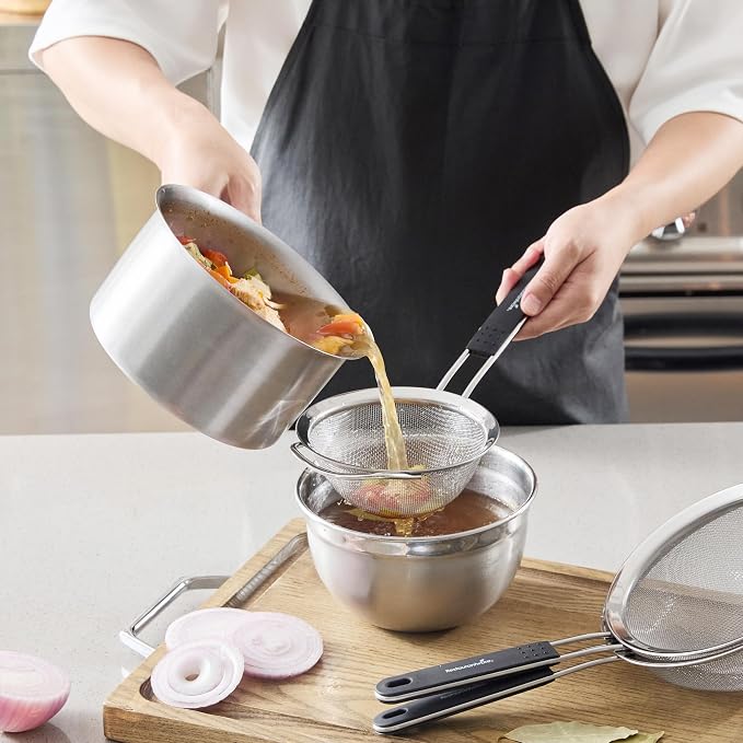 Restaurantware Fine Mesh Strainer Set of 3 Different Sizes with Silicone Handle Stainless Steel Extra Fine Mesh Strainer Heat-Resistant Handle Dishwasher-Safe for Rice, Quinoa, Pasta