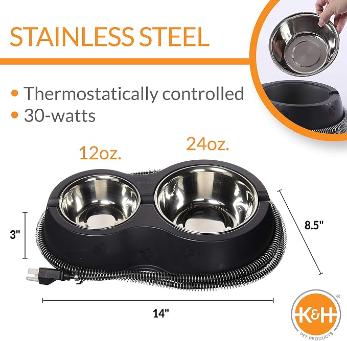 K&H Pet Products Outdoor Heated Cat Food & Water Bowls for Outside Pets, Thermo-Kitty Café Feral Cat Feeding Station, No Frozen Water or Food, Washable Bowls, Safety Listed - 12oz/24oz Stainless