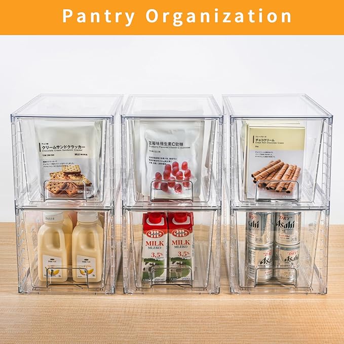 1Pack Large Stackable Kitchen Storage Drawers, Clear Foods Organizer Bins with Handles, Easily Assemble for Bathroom, Kitchen, Pantry, Cabinet, Closet(XL-Down Handle)