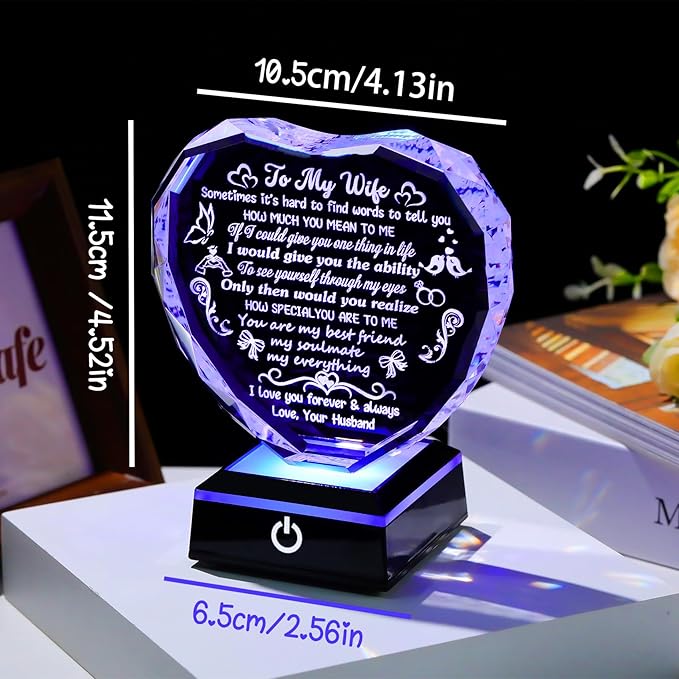 Arikyrist Gifts for Wife Mothers Day Heart Crystal Keepsakes to My Wife with Colorful Base Anniversary Birthday Gifts for Wife from Husband