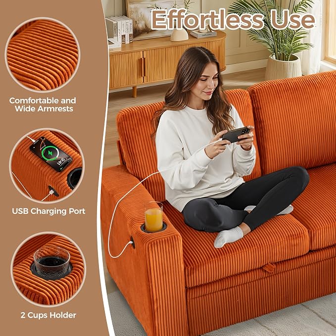L-Shaped Sectional Sleeper Sofa with Pull Out Bed, Orange | Plush Corduroy Modular Couch with Storage, USB Charging, Cup Holders – Cozy Cloud Couches for Living Room, Easy Assembly