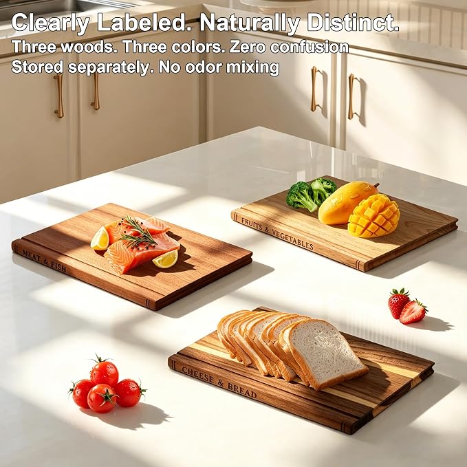 Book Cutting Board Set of 3 – Newly Upgraded and Thickened Chopping Boards Premium Acacia, Ebony & Rubberwood，with Display Stand，Ideal Gift & Kitchen Decor
