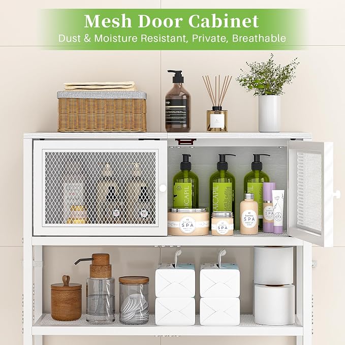 ThreeHio Over the Toilet Storage Cabinet with Doors, Bathroom Organizer Shelf Above Toilet, Bathroom Storage Cabinet Over Toilet, Freestanding Space Saver Metal Shelves for Small Space, White