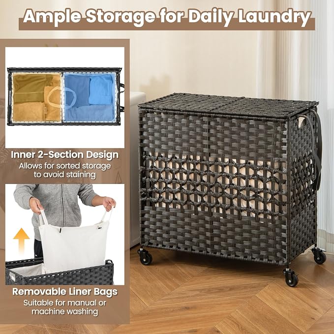 Giantex Laundry Hamper with Wheels and Lid, 33 Gal (125L) Wicker Laundry Basket, 2 Removable Liner Bags, Handles and Pulling Strap, Synthetic Rattan Rolling Laundry Hamper Clothes Storage