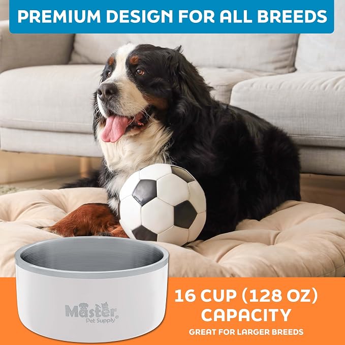Master Pet Supply Stainless Steel Dog Bowls - 128 oz, Heavy Duty - Bone White, Double Wall Extra-Thick Insulated, Non-Slip Pet Water Bowl for Dogs, Cats & Pets, Anti Rust Metal, Dish Washer Safe