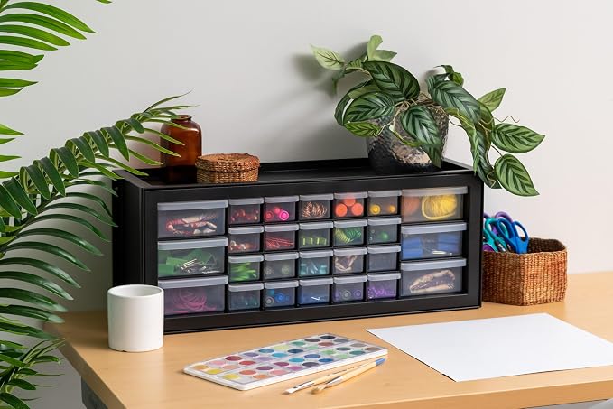 IRIS USA 26-Drawer Teacher Toolbox, Made in USA, Stackable Plastic Storage Drawers for Crafts, Stickers, Crayons, Markers, Beads, Hardware, Building Bricks, Organizer Cabinet, Garage Storage, Black