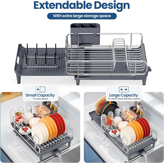 NTD Expandable Dish Drying Rack for Kitchen Counter, 16.7"-26.8", Gray | Large Multifunctional Dish Drainers, Anti-Rust, with Cutlery & Cup Holders, Self-Draining Drainboard, FIts for 4-5 People