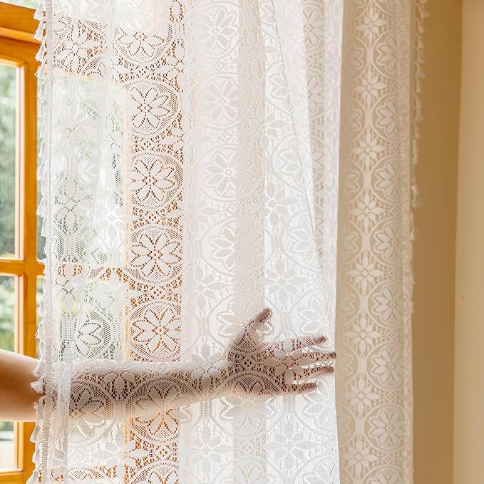 Sutuo Home White Boho Sheer Curtains 2 Panels for Kitchen Bedroom,Ivory Lace Curtains Crochet Floral Vintage Tassels Bohemian Drape Rustic Privacy Cottagecore Window Treatments Rod Pocket, 50" x 63"