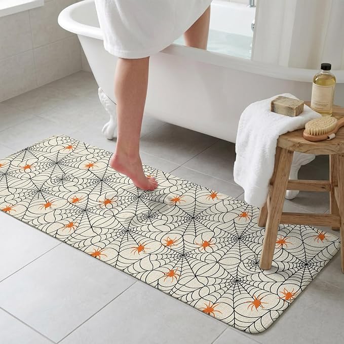 Halloween Bathroom Runner Rugs Non Slip Washable Absorbent Narrow Long Bath Mat Black Net Classic Spiders Gingham Orange Rustic Runner Rugs for Kitchen Hallway Bedroom Laundry Study Room 15.7"x47.2"
