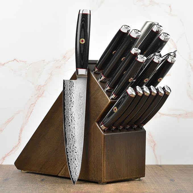 Enso SG2 18 Piece Knife Set - Made in Japan - 101 Layer Stainless Damascus with Dark Ash Knife Block